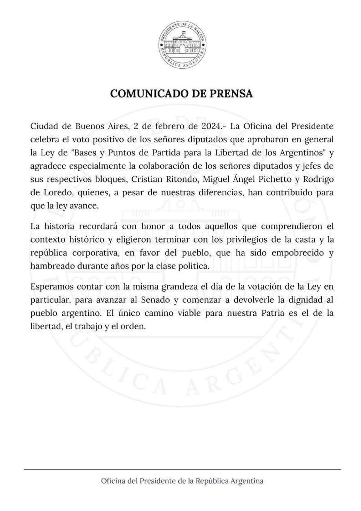 El comunicado del Gobierno. Foto: X @OPRArgentina