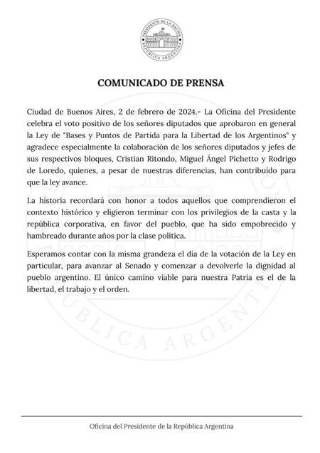 El comunicado del Gobierno. Foto: X @OPRArgentina