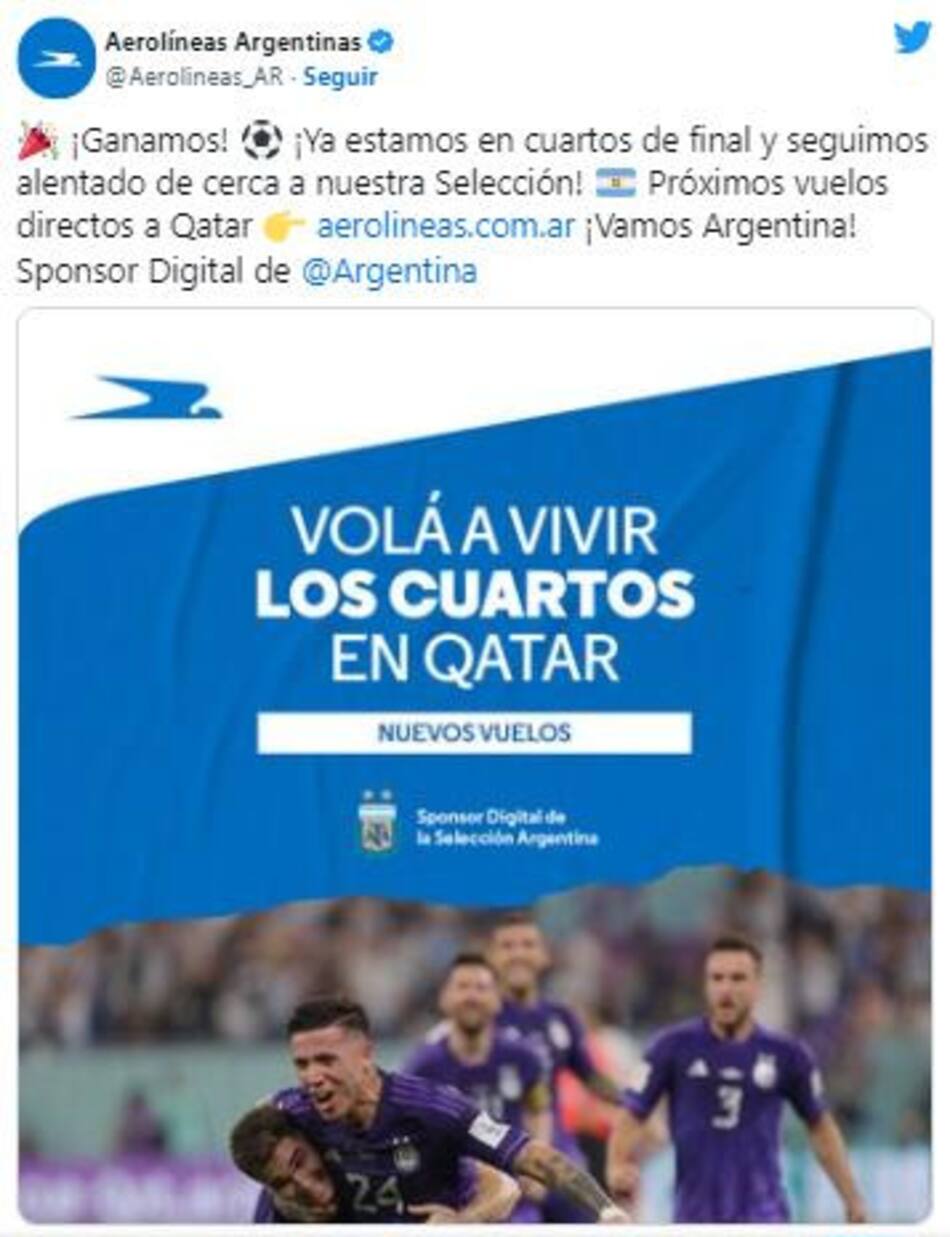 Aerolíneas Argentinas confirmó un nuevo vuelo directo a Doha para alentar a la Selección. Foto: Twitter