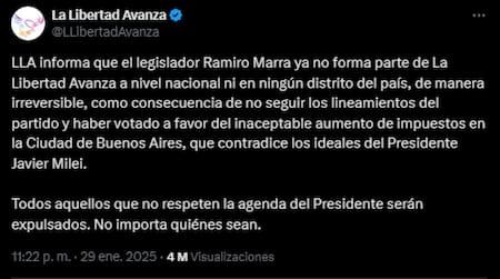 El comunicado de La Libertad Avanza sobre la expulsión de Ramiro Marra. Foto: Captura.