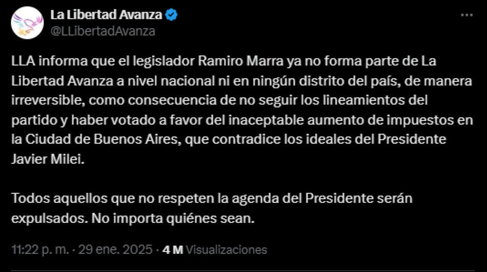 El comunicado de La Libertad Avanza sobre la expulsión de Ramiro Marra. Foto: Captura.