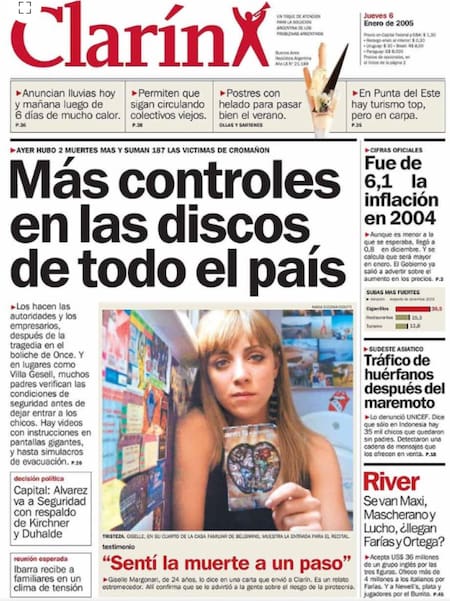 Giselle Margonari en la tapa del diario Clarin tras la masacre de Cromañón.