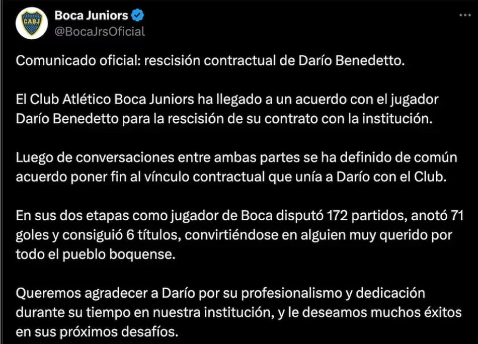 El comunicado de Boca tras la salida de Benedetto.