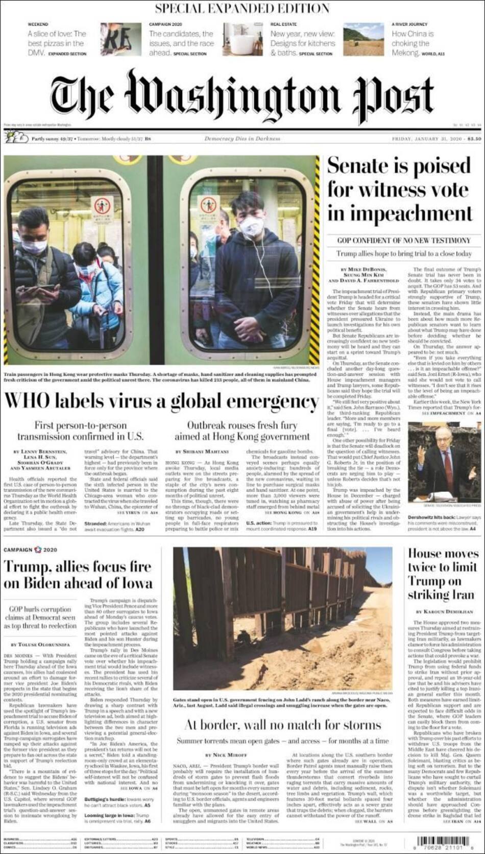 Tapas de diarios, Washington, viernes 31 de enero de 2020
