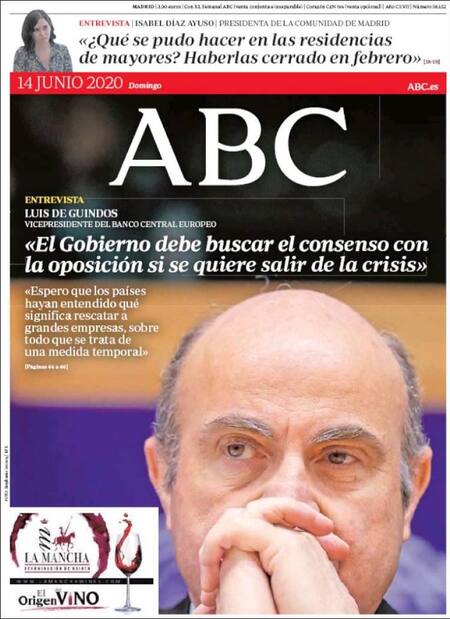 Tapa de diarios, ABC, domingo 14 de junio de 2020