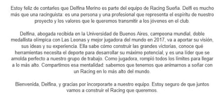 El texto con el que Diego Milito presentó a Delfina Merino dentro de su equipo. Foto: Captura.