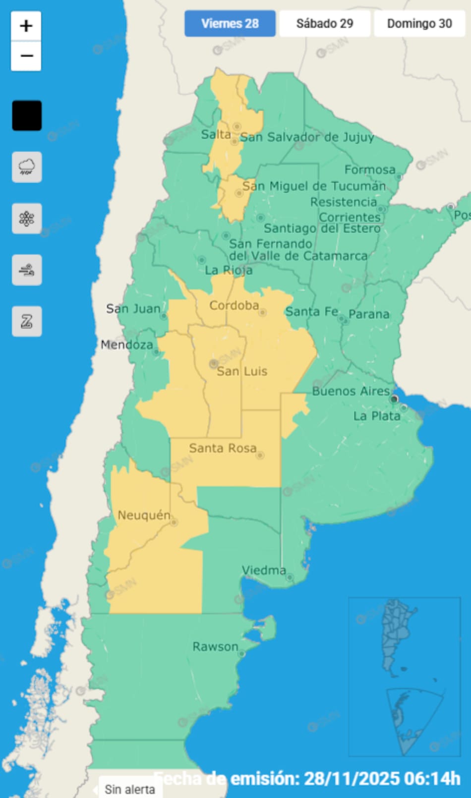 Alertas por tormentas en 13 provincias de Argentina.