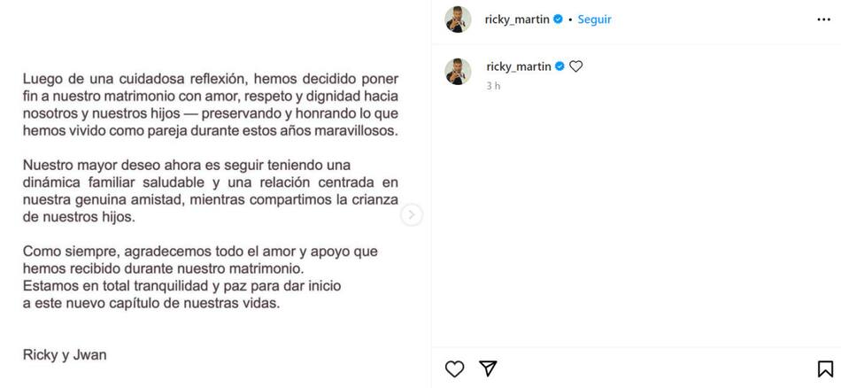 El anuncio de Ricky Martin. Foto: Instagram.