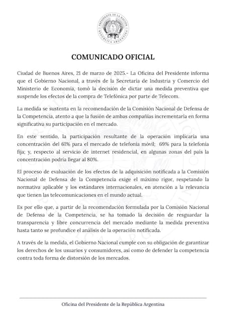 El Gobierno suspendió de forma "preventiva" la compra de Telefónica por parte de Telecom. Foto: Presidencia