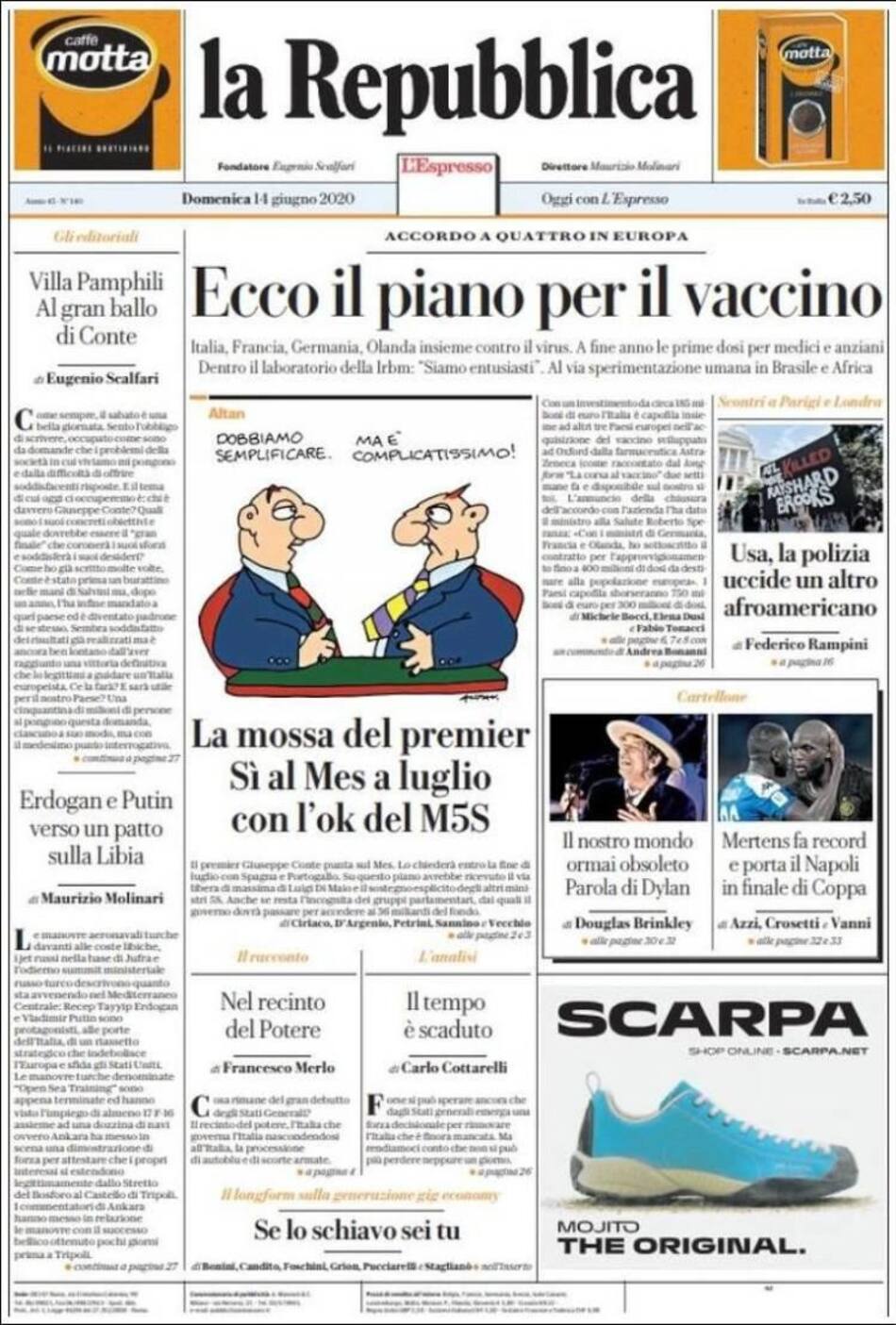 Tapa de diarios, La repubblica, domingo 14 de junio de 2020