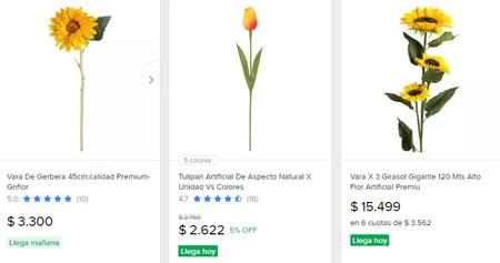 Variedad de precios de flores amarillas. Foto: Captura de pantalla/ Mercado Libre.
