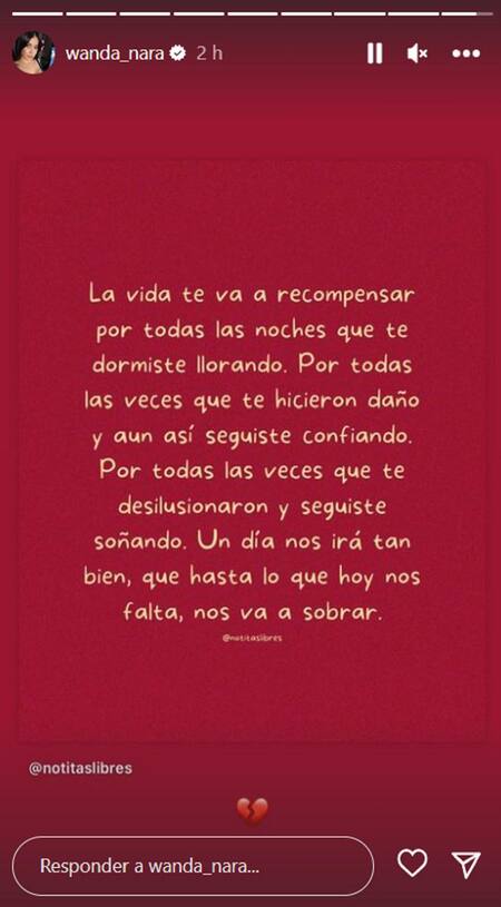 El mensaje de Wanda Nara en las redes. Foto: Instagram.