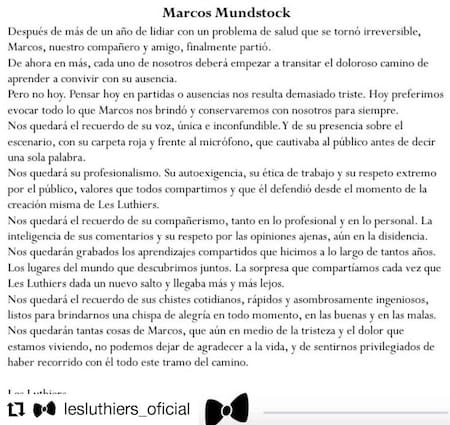 Marcos Mundstock, Comunicado de Les Luthiers