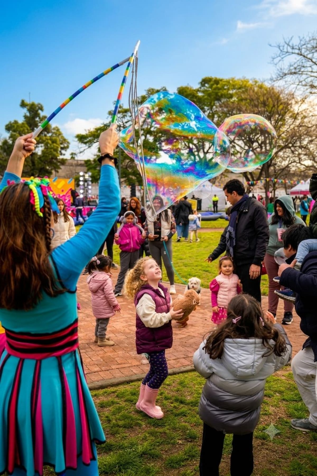 Chicos participan de juegos interactivos y actividades al aire libre en el festejo del Día del Niño realizado en la Floralis Genérica.