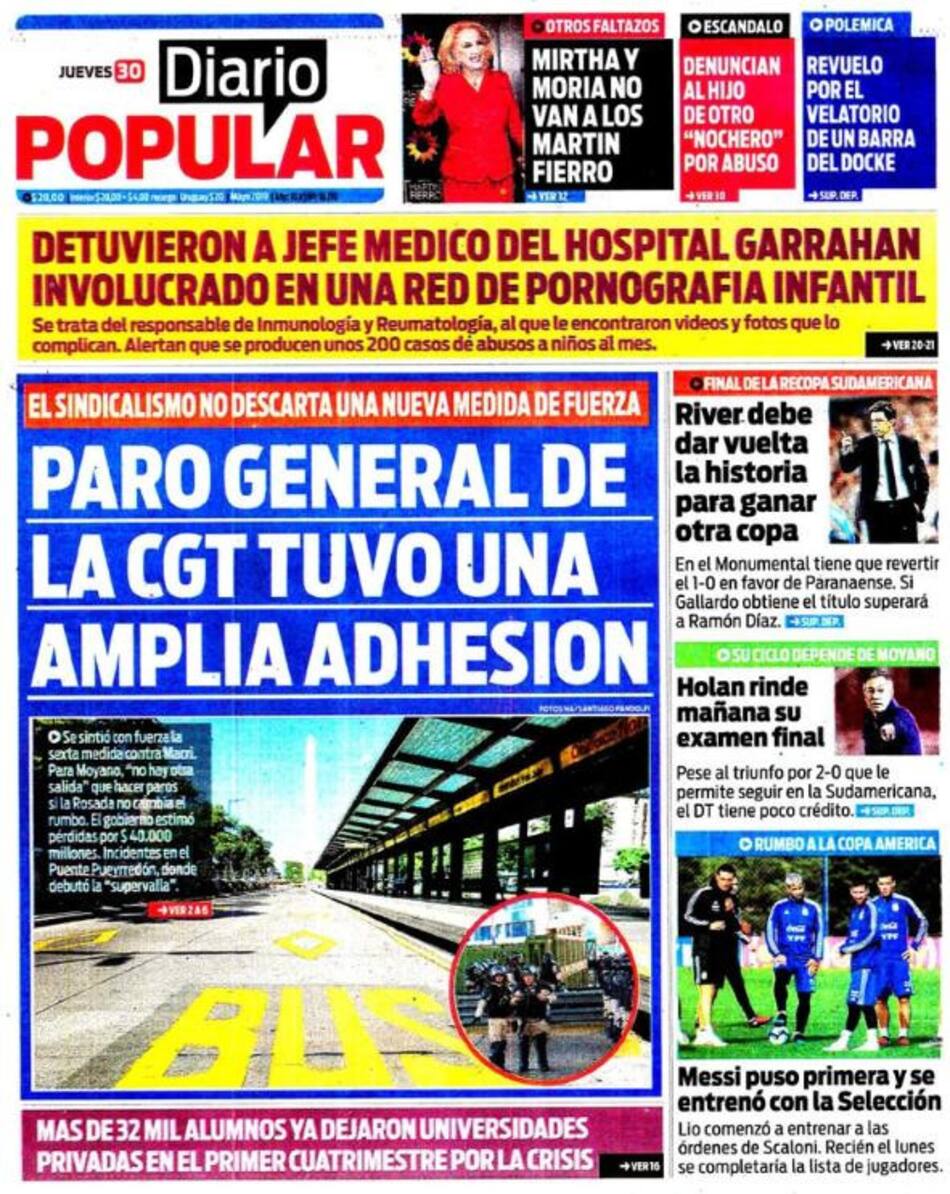 Tapa de diarios - Popular jueves 30 de mayo de 2019