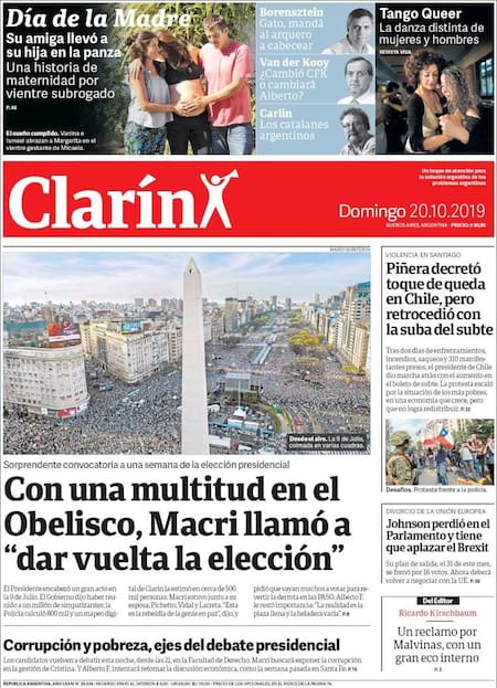 Tapas de Diarios, Clarín, Domingo 20-10-19