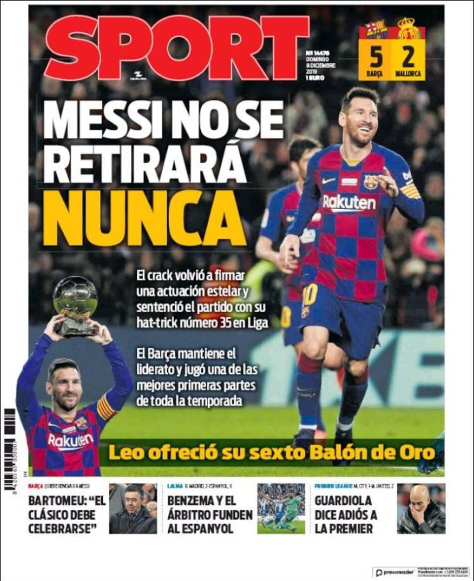 Tapas de diarios, Sport, domingo 8 de diciembre de 2019