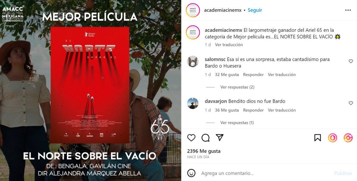 "El norte sobre el vacío" se llevó el galardón más importante de los Premios Ariel 2023. Foto: Instagram @academiacinemx.