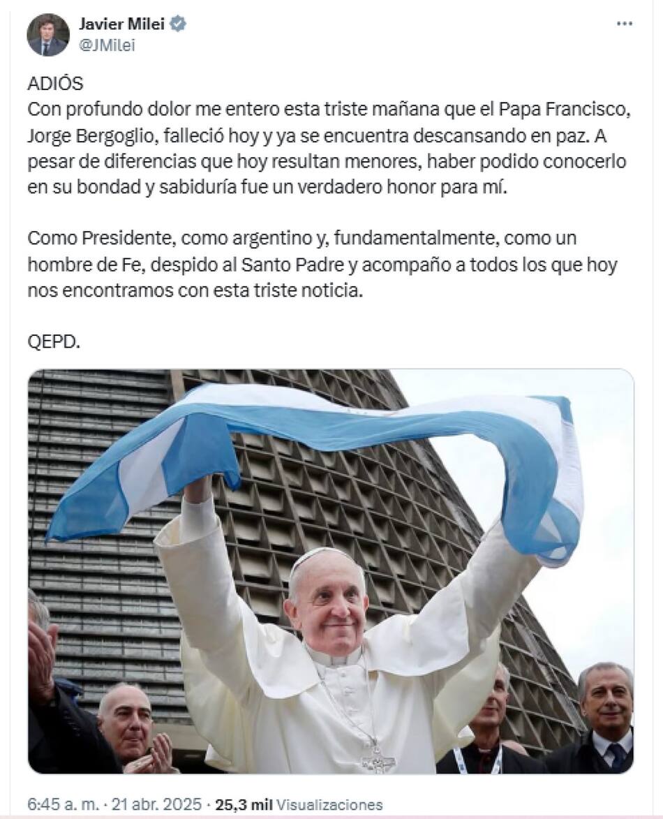 Despedida de Javier Milei, presidente argentino, al papa Francisco. Foto: X.