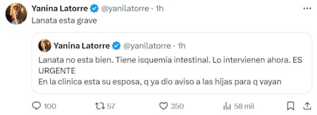 La información que brindó Yanina Latorre sobre la salud de Jorge Lanata. Foto: X.