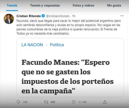 Tuit de Cristian Ritondo a Facundo Manes