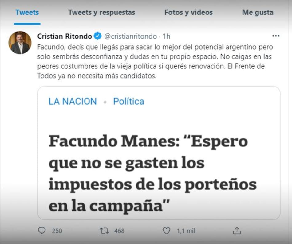 Tuit de Cristian Ritondo a Facundo Manes