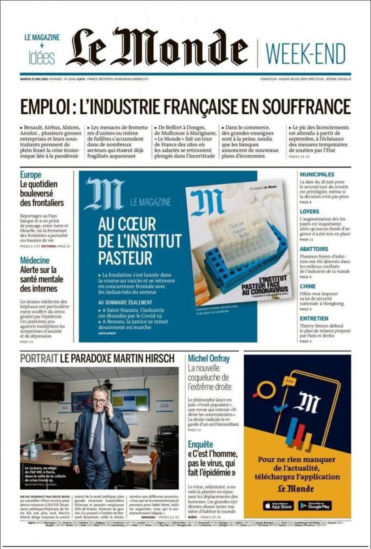 Tapas de diarios, Le monde, sábado 23 de mayo de 2020