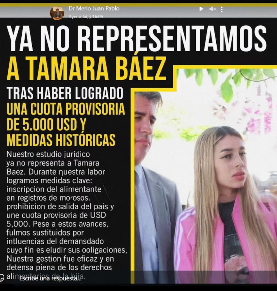 Juan Pablo Merlo, indignado tras el acuerdo entre Tamara Báez y L-Gante.