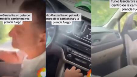 Insólito viral: Turco García prendió un petardo adentro de un auto e inició un incendio
