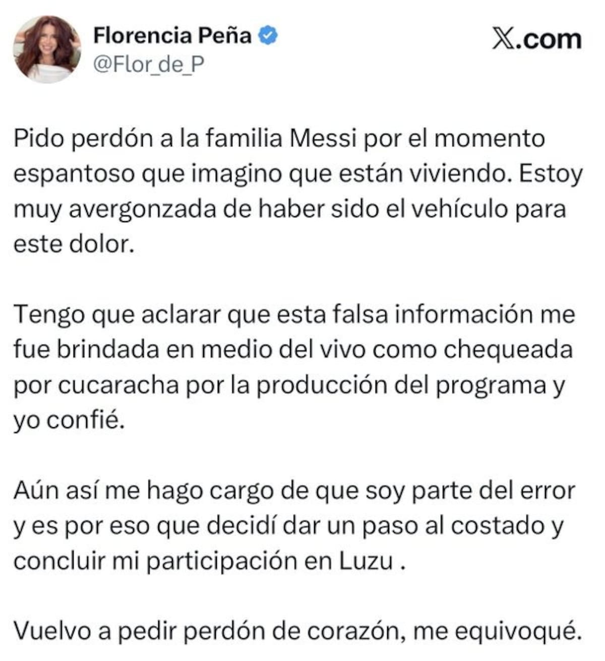 Posteo de Florencia Peña tras la fake news sobre el padre de Messi.