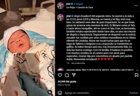 Jorge Rial recibió a su segundo nieto Amadeo. Foto: Instagram.