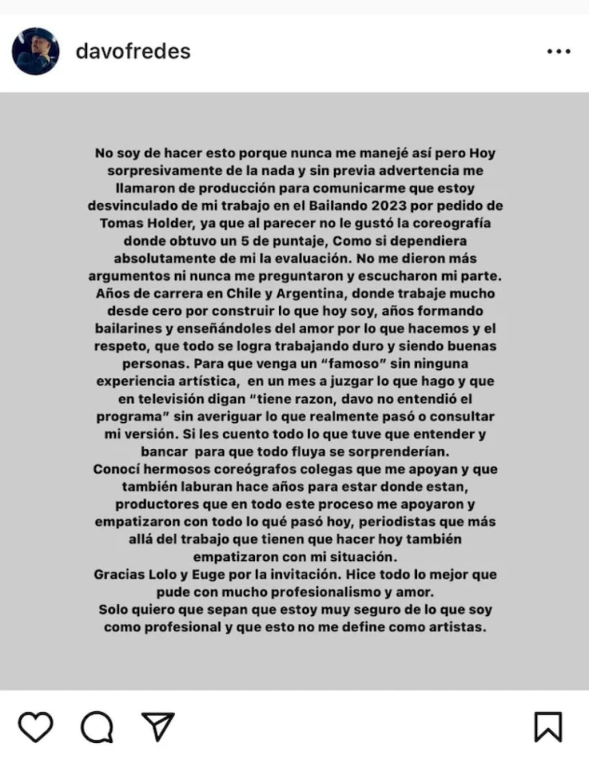 El descargo de Davo Fredes. Instagram.
