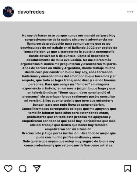 El descargo de Davo Fredes. Instagram.