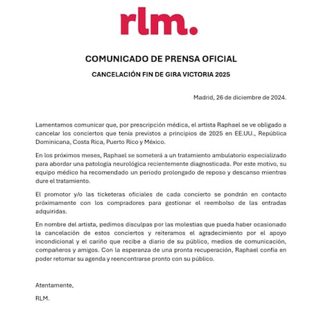 El comunicado sobre la salud y cancelación de los conciertos de Raphael. Foto: Instagram @rlm_es.