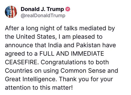El anuncio de Donald Trump sobre el alto al fuego entre India y Pakistán.