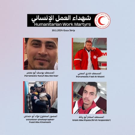 Médicos de la Media Luna Roja palestina asesinados durante ataque a ambulancia en Gaza. Foto: @PalestineRCS.