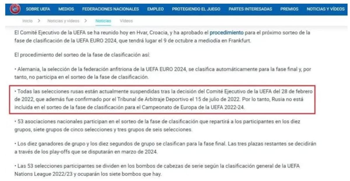 Decisión de la UEFA sobre la selección de Rusia en la Eurocopa 2024. Foto: NA.