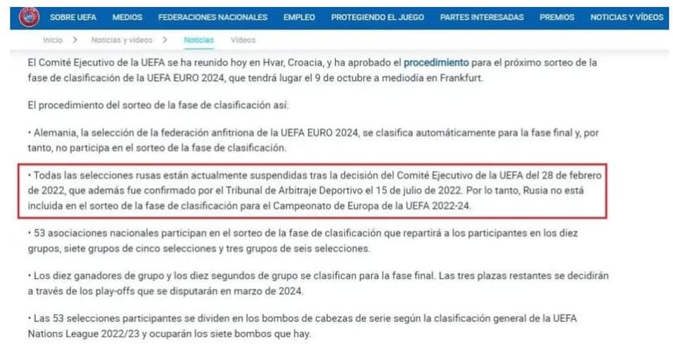 Decisión de la UEFA sobre la selección de Rusia en la Eurocopa 2024. Foto: NA.