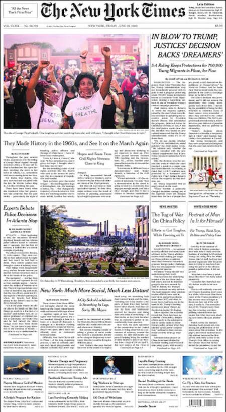 Tapas de diarios, New York Times, viernes 19 de junio de 2020