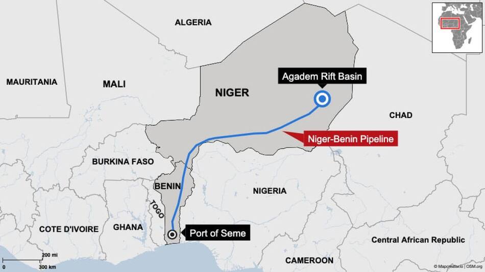 En azul, el trazado de la tubería de petróleo de Níger. Fuente: China Global South Project