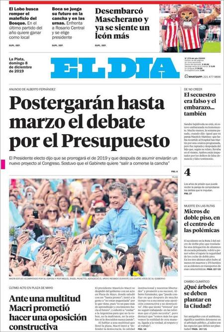 Tapas de diarios, El Día, domingo 8 de diciembre de 2019