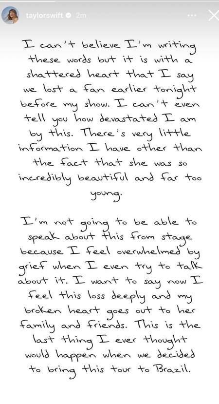 Mensaje de Taylor Swift tras la muerte de una fan en Río de Janeiro. Foto: @taylorswift.