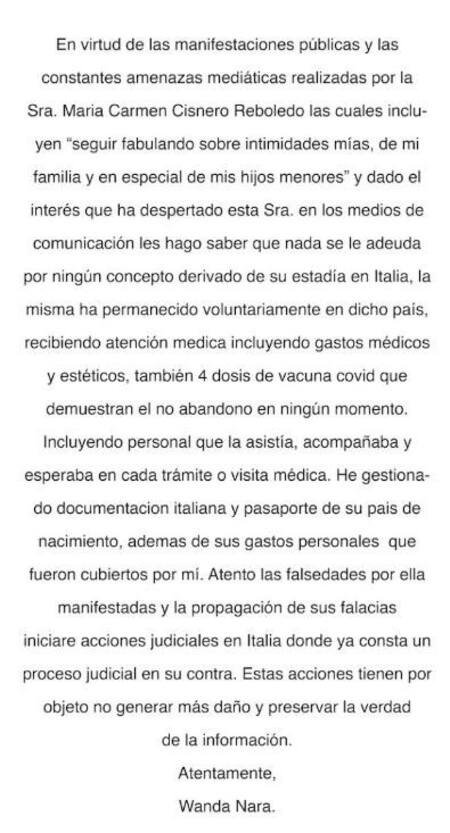 El descargo de Wanda Nara. Foto: Twitter/wandaicardi27