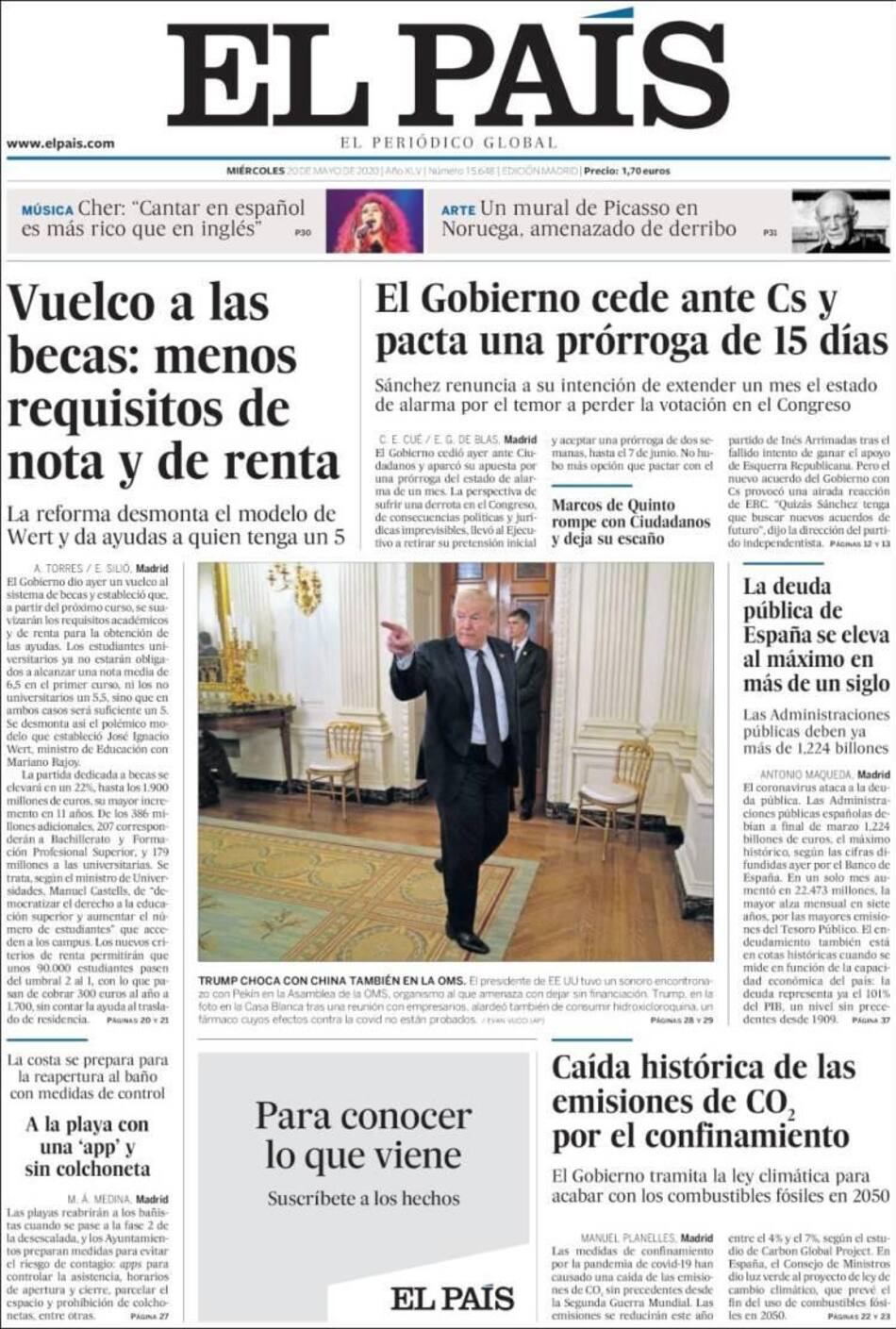 Tapas de diarios, El país, miércoles 20 de mayo de 2020