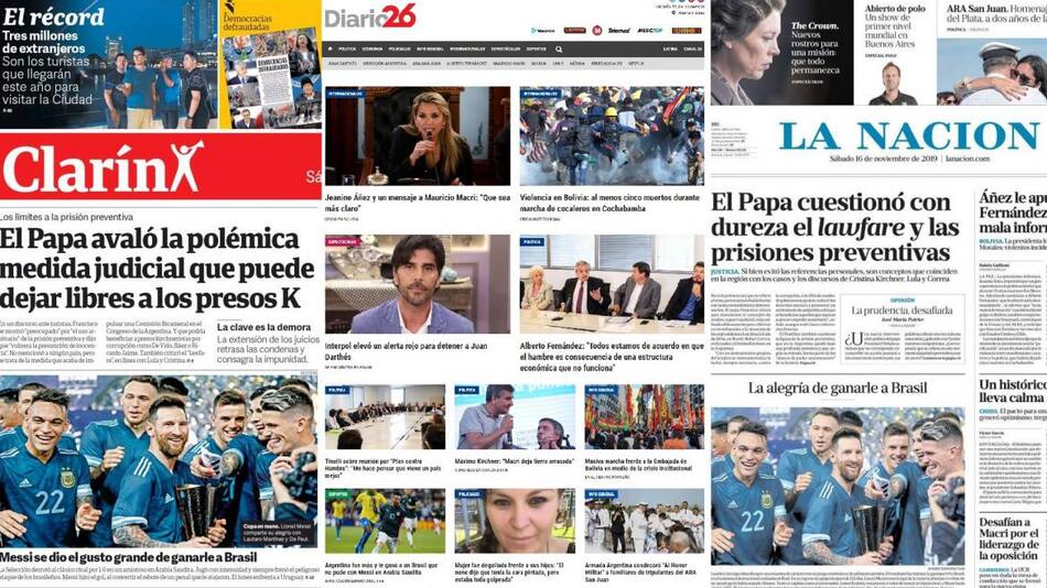 Tapas de diarios argentinos, sábado 16 de noviembre de 2019