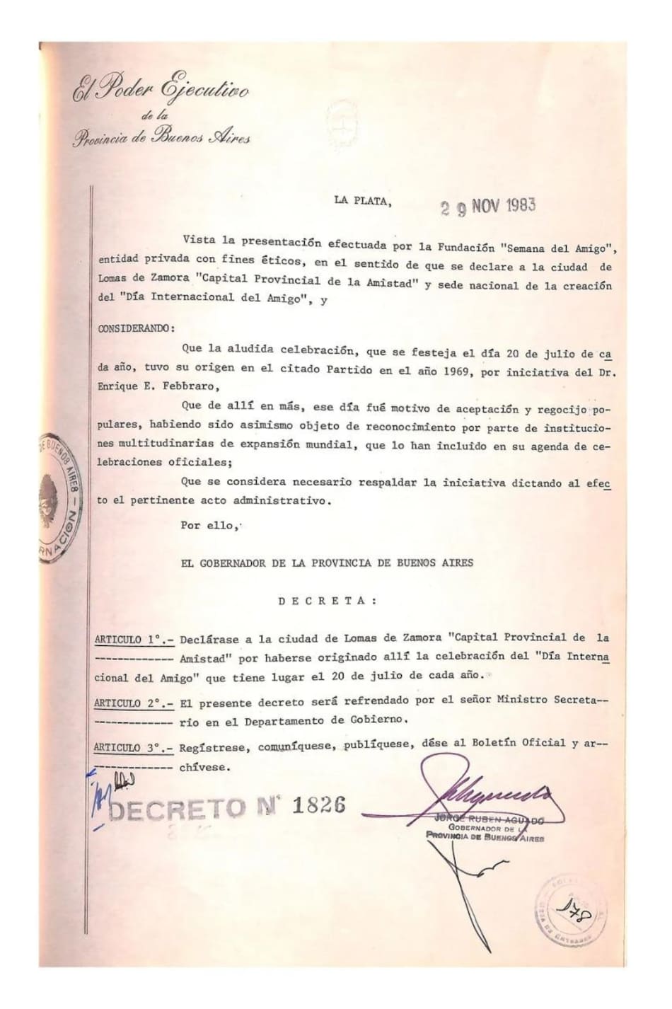 El decreto de la provincia de Buenos Aires que estableció en 1983 que