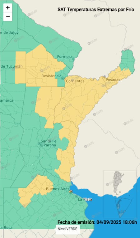 Alerta amarilla en siete provincias por frío extremo.