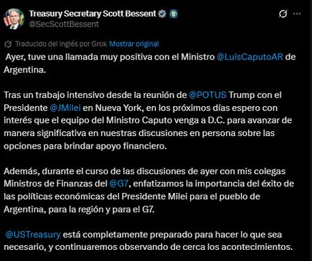 El mensaje de Scott Bessent en apoyo al gobierno de Javier Milei.