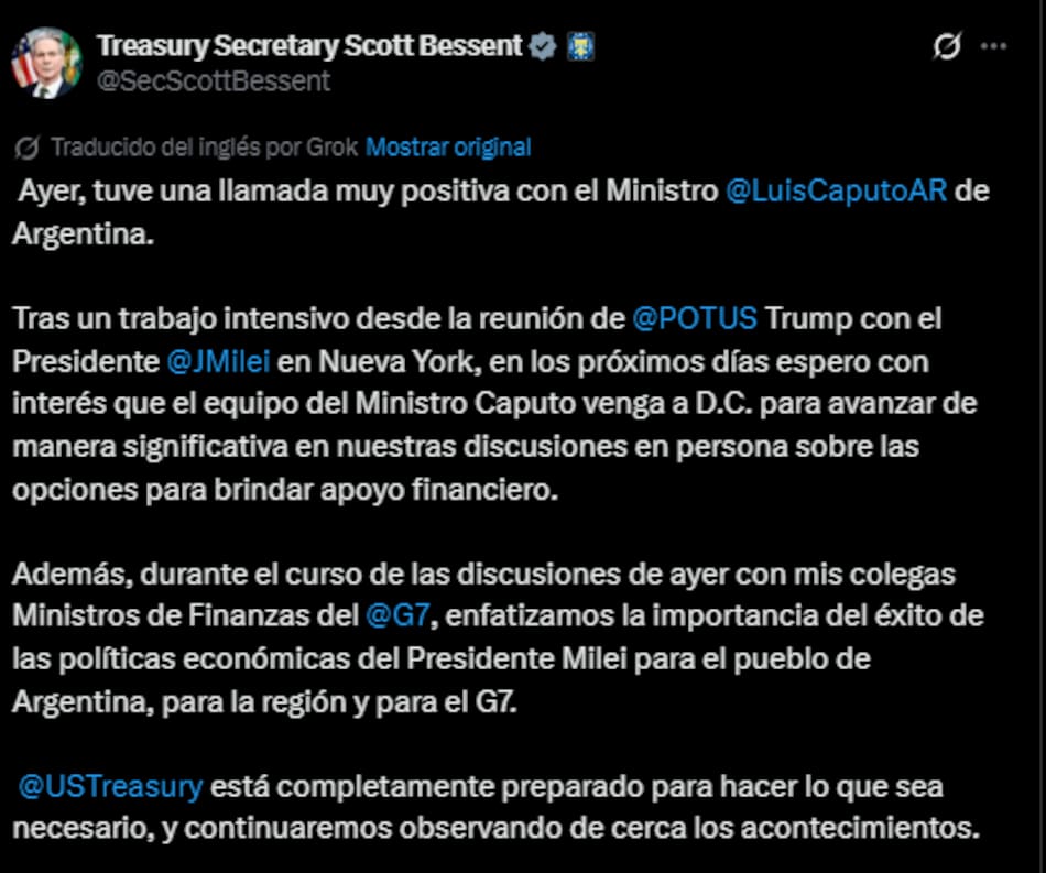 El mensaje de Scott Bessent en apoyo al gobierno de Javier Milei.