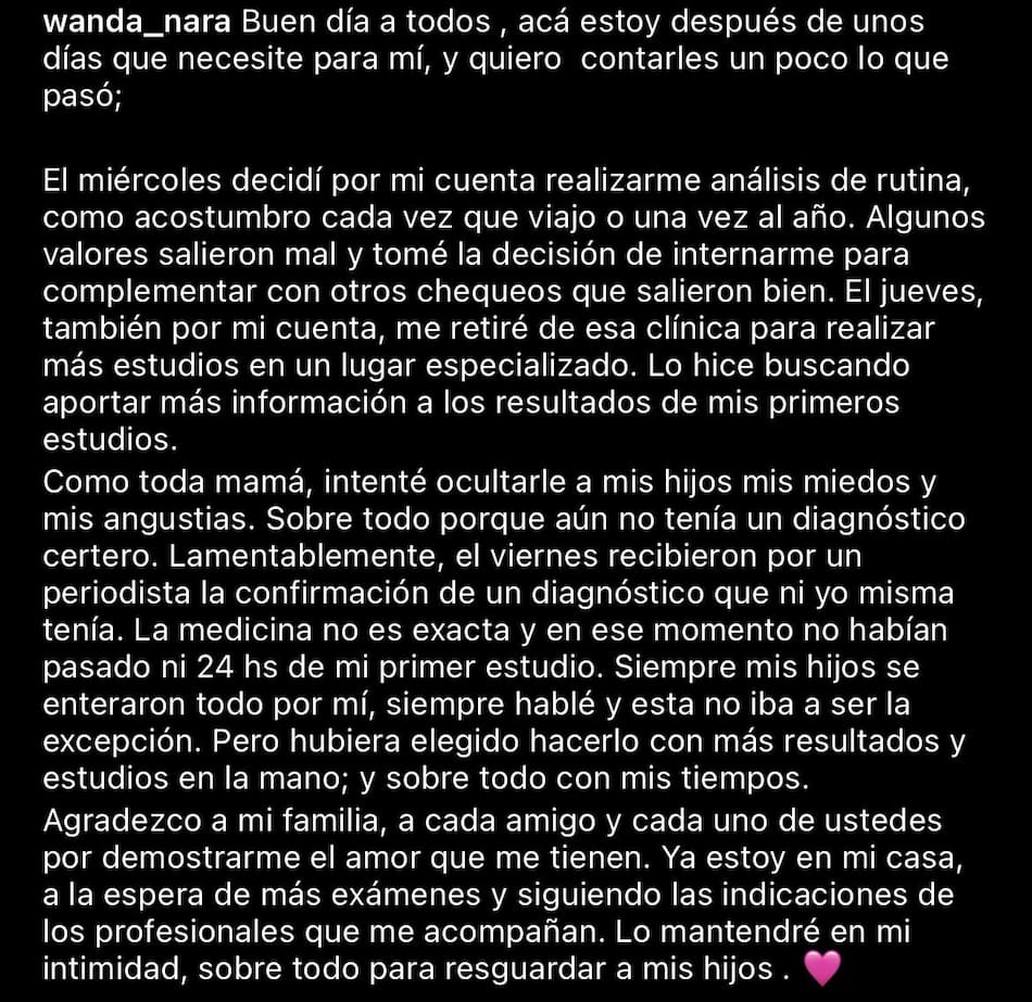La publicación de Wanda Nara. Foto: Instagram.